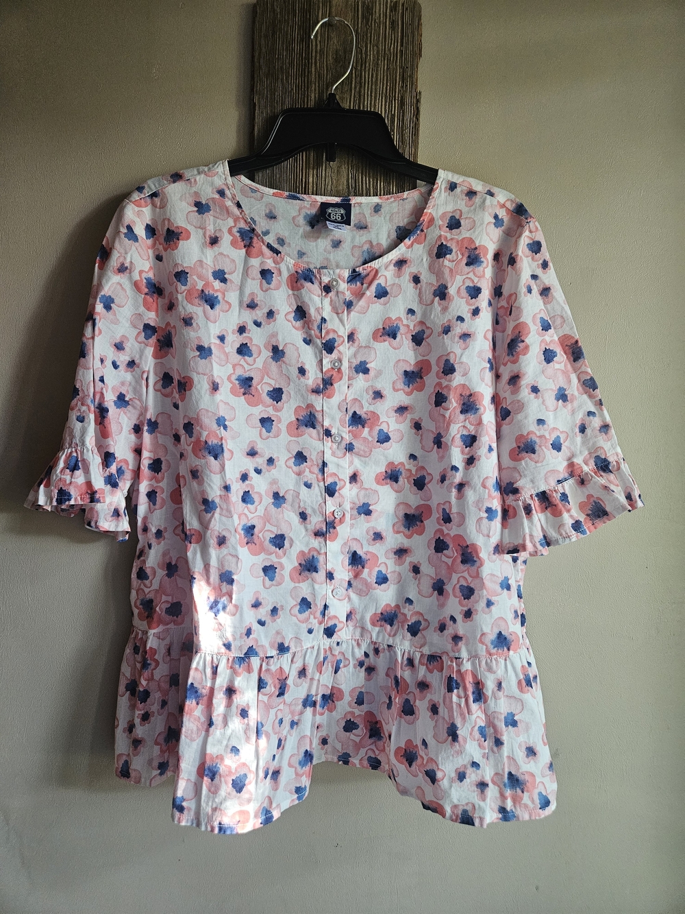 Route 66 XL Floral Peplum Blouse Pink Blue Ruffle Bell Sleeve Button Front